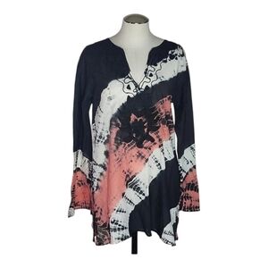 La Moda Hindu Boho Embroidered Tie Dye Pink and Black Tunic Top Sz M